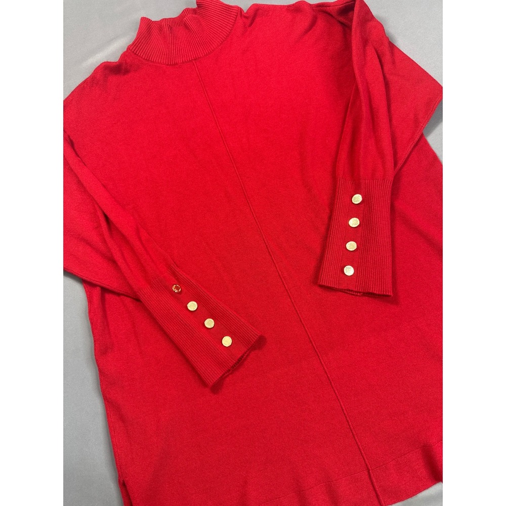 Anne Klein Red Mock Neck Sweater Gold Button Cuff Viscose Blend Medium